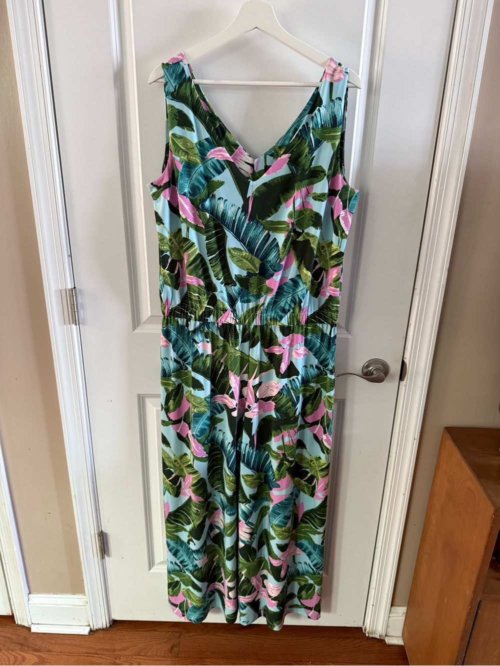 Tropical Leaf Print Jumpsuit - Green & Pink